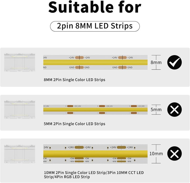 PAUTIX 6pcs T & 2pcs Cross Connectors,Extension Splitters,for 8mm 2-Pin COB LED Strip Light 12V/24V(NOT Applicable for Other Sizes) - Image 5